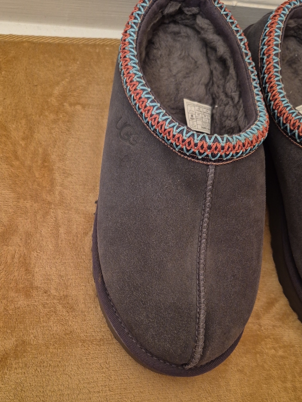 UGG Charcoal Suede Slip-On Slippers with Multicolor Trim